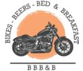 Logo with motorcycle in front of orange sun